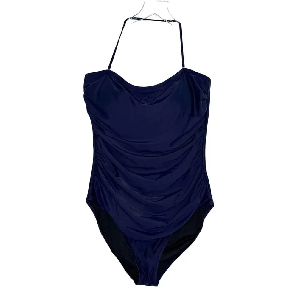 J.Crew Gemma Ruched Bandeau One Piece Swimsuit 16 Navy Blue Pool Beach